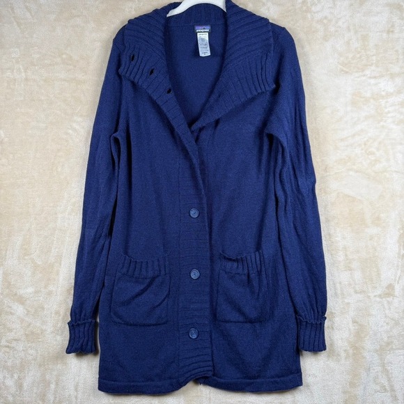 Patagonia Sweaters - Patagonia Womens M Navy Blue Lambswool Blend Shawl Collar Long Cardigan Sweater